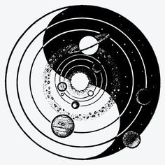 a black and white drawing of the solar system