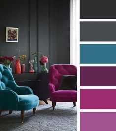 a living room filled with furniture and color swatches in shades of blue, purple, green