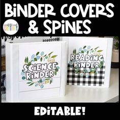 two binder covers and spines with the words, science binder printables