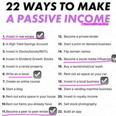 a pink and white poster with the words 22 ways to make a passive in - home