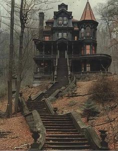 an old house in the woods with stairs leading up to it