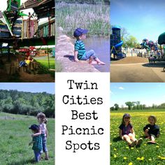 four pictures with the words twin cities best picnic spots in front of them and two children