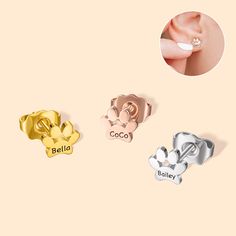 three different types of earrings with names on them and an image of a baby's name