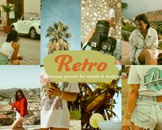 a collage of photos with the words retro written in different languages and pictures of people