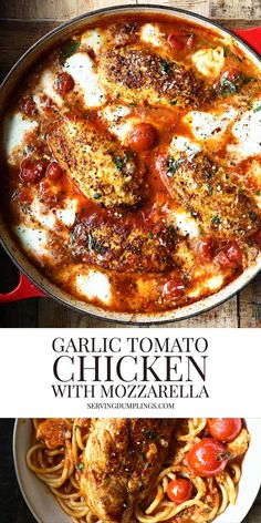 garlic tomato chicken with mozzarella sauce in a skillet on a wooden table