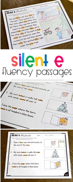 two pictures with the words silent e and flueny passagess