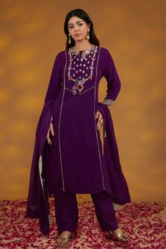 Purple three fourth sleeves A-line georgette kurta with florence zardozi embroidery on the yoke and sleeves hem using mirror highlights. Paired with a solid straight pant, dobby dupatta and lampi border embellished dobby dupatta. - Aza Fashions Purple Georgette Palazzo Set With Straight Kurta, Purple Georgette Kurta With Long Sleeves, Purple Long Sleeve Georgette Kurta, Elegant Long Sleeve Purple Palazzo Set, Elegant Purple Long Sleeve Palazzo Set, Purple Georgette Palazzo Set, Elegant Straight Kurta Palazzo Set For Work, Elegant Palazzo Set With Straight Kurta For Work, Embroidery Zardozi