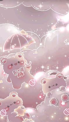 two teddy bears are holding an umbrella in the sky with stars and clouds behind them