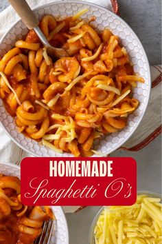 homemade spaghetti and cheese is served in white bowls