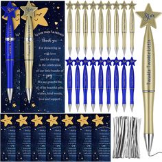 blue and gold pen with stars on it, next to an image of congratulations card