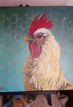 a painting of a rooster on a blue background