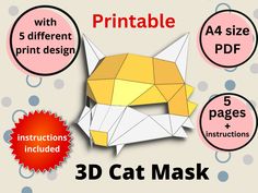 the instructions for how to make an origami cat mask with 5 different print designs