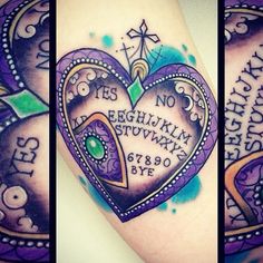 three pictures of tattoos with different designs on the arm and chest, one has a heart shaped