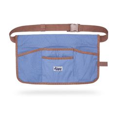 a blue bag with brown straps on it