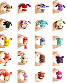 a hand holding several different types of stuffed animals in it's palm, all with their hands together