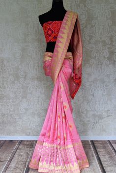 Pink Benarasi silk sari crafted with zari minakari floral buta and border for a beautiful traditional inspiration. Shop from Pure-Elegance.