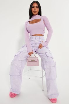 Baddies Spring Outfits, Lily High Rise Cargo Jeans, High Rise Cargo Jeans, Rapunzel Theme, Purple Cargo Pants, Normal Outfits, Styling Essentials, Lavender Outfit, Lavender Fashion