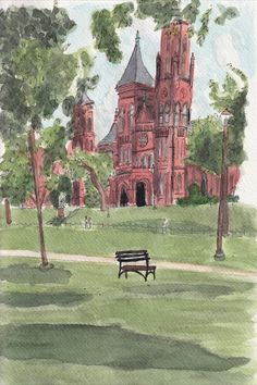 a watercolor painting of a bench in front of a large red building with towers