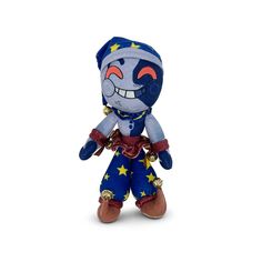 a small stuffed toy with stars on it's chest and eyes, wearing a blue outfit