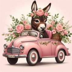 a donkey in a pink car with flowers on its head