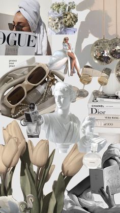 a collage of various items including shoes, hats and flowers