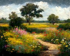 a painting of a dirt road in a field with wildflowers and trees on either side