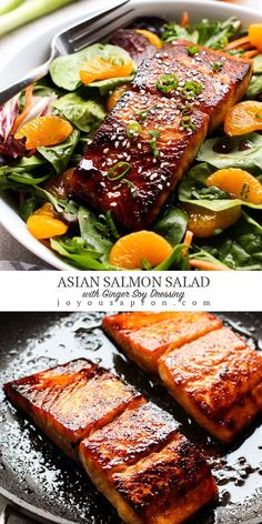 Asian Salmon Salad, Ginger Soy Dressing, Soy Ginger Dressing, Soy Dressing, Asian Salmon, Sea Food Salad Recipes, Salmon Salad Recipes, Resep Salad, Mandarin Oranges