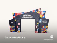 an entrance gate mockup with colorful geometric shapes on the front and back sides, as well as text