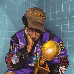 a painting of a basketball player holding a trophy in his right hand and sitting on the floor