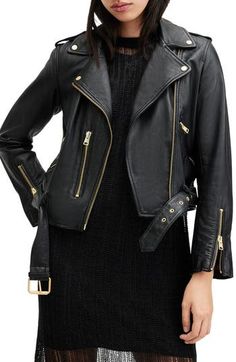 Rock a classically cool look with this buttery-soft leather moto jacket featuring silvertone hardware and a buckle belt to adjust the fit. 20" length (size 8) Asymmetrical front-zip closure Notch lapels Long sleeves with zip cuffs Front zip pockets Epaulets Buckle belt Lined Leather Professional leather clean Imported t.b.d. Women's Allsaints Leather Outerwear, All Saints Leather Jacket, Allsaints Women's Biker Outerwear, Luxury Allsaints Leather Jacket, Allsaints Luxury Leather Jacket, Allsaints Leather Biker Jacket With Zipper Closure, Womens Biker Jacket, Fall Wardrobe Essentials, Cropped Leather Jacket