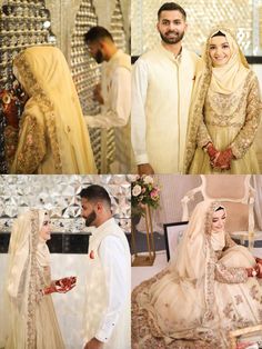 the bride and groom are posing for pictures in their traditional wedding outfits, with gold jewelry