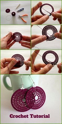 the instructions for making crochet earrings are shown in several different pictures, including one with