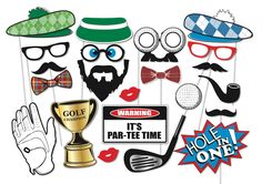 photo booth props with hats, glasses and golf items on them for an event or party