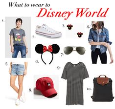 a woman wearing mickey mouse ears and blue shirt with red hat, jeans shorts, white sneakers