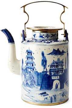 Blue Teapot, Chinoiserie Chic, Traditional Landscape, Brass Handle, Blue And White China, Porcelain Teapot, Blue Willow, Chocolate Pots, Great Wall