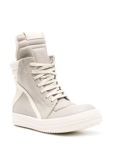 Find RICK OWENS Geobasket Leather High-top Sneakers on Editorialist. grey/off-white calf leather smooth grain tonal stitching panelled design round toe perforated toebox front lace-up fastening side zip fastening oversize tongue flatform sole branded leather insole leather lining Rick Owens Geobasket, Rick Owens Sneakers, Top Sneakers Women, Leather High Tops, Sneakers Grey, Boots And Sneakers, Grey Women, Rick Owens, Sneakers White