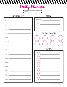 a printable daily planner is shown with pink and black stripes on the bottom half