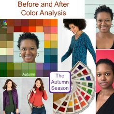 a collage of photos with different colors and the words autumn, before and after color analysis