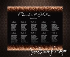 a black and gold wedding seating chart with glitter on the tablecloth, in front of a dark background