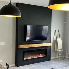 a living room with a fireplace and tv mounted on the wall next to two lamps