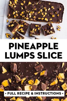 chocolate and pineapple lumps slice with text overlay that reads, pineapple lumps slice full recipe & instructions