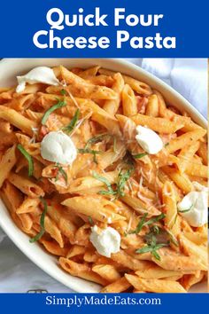 Penne pasta with creamy tomato sauce topped with ricotta cheese and basil. Pasta Cheesecake Factory, Cheesecake Factory Pasta, Weeknight Dinner Pasta, Four Cheese Pasta, Cheesecake Factory Copycat, Cheese Pasta Recipes, Marinara Recipe, Cheese Sauce For Pasta