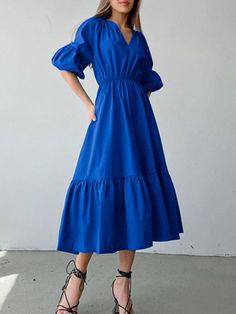 Fashion Casual V Neck Solid Long Dresses Summer Vintage High Waist Women A-line Dress Simple Elegant Lantern Sleeve Party Dress Dress Simple Elegant, Women's A Line Dresses, Chiffon Fashion, Half Sleeve Dresses, Puff Sleeve Dresses, Long Summer Dresses, Sleeve Dresses, Dresses Women, Vintage Summer