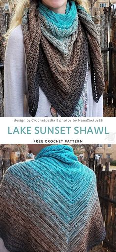 a woman wearing a blue and brown knitted shawl with text that says lake sunset shawl