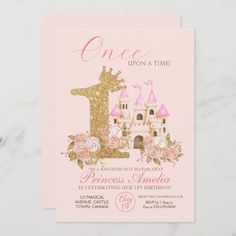 a pink and gold princess birthday party card with a castle on the front, one upon at