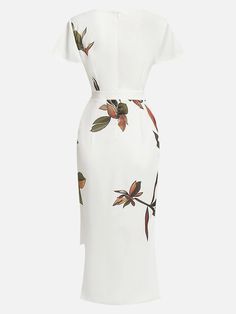 White Leaf Short Sleeve Satin Wrap Sheath Midi Dress Floral Print Sheath Cocktail Dresses, Floral Print Bodycon Sheath Dress, Knee-length Floral Print Bodycon Dress, Floral Print Bodycon Knee-length Dress, Knee-length Bodycon Floral Midi Dress, Elegant Sheath Midi Dress With Floral Print, Chic Sheath Dress With Floral Print, White Bodycon Midi Dress For Office, Elegant Floral Print Midi Dress For Work