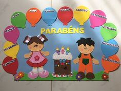 a bulletin board with children's birthday pictures and balloons in spanish for the language parabens