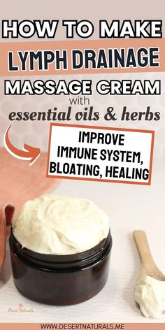 Improve your immune system, reduce bloating, water retention and detox with this homemade DIY lymph drainage massage cream recipe using cocoa butter, mango butter, coconut oil, essential oils and herbs like calendula, ginger, yarrow, and cleavers. Lymphatic Drainage through Massage has massive health benefits. Using specific herbs and essential oils can support optimal lymph drainage. Use this massage cream to moisturize your skin while improving lymphatic drainage. Drainage Massage, Herbal Medicine Recipes, Herbal Remedies Recipes, Salve Recipes, Massage Cream, Essential Oils Health, Essential Oils Herbs