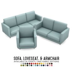 the sofa loveseat and armchair are available in three different colors, including light blue