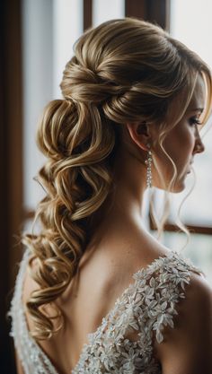 Elegant wedding hairstyle with cascading curls and intricate twists, perfect for brides seeking a timeless and romantic look. Medium Long Layered Haircuts, Elegant Curls, Cascading Curls, Professional Hair Tools, Hairstyles For Wedding, Stunning Hairstyles, Perfect Hairstyle